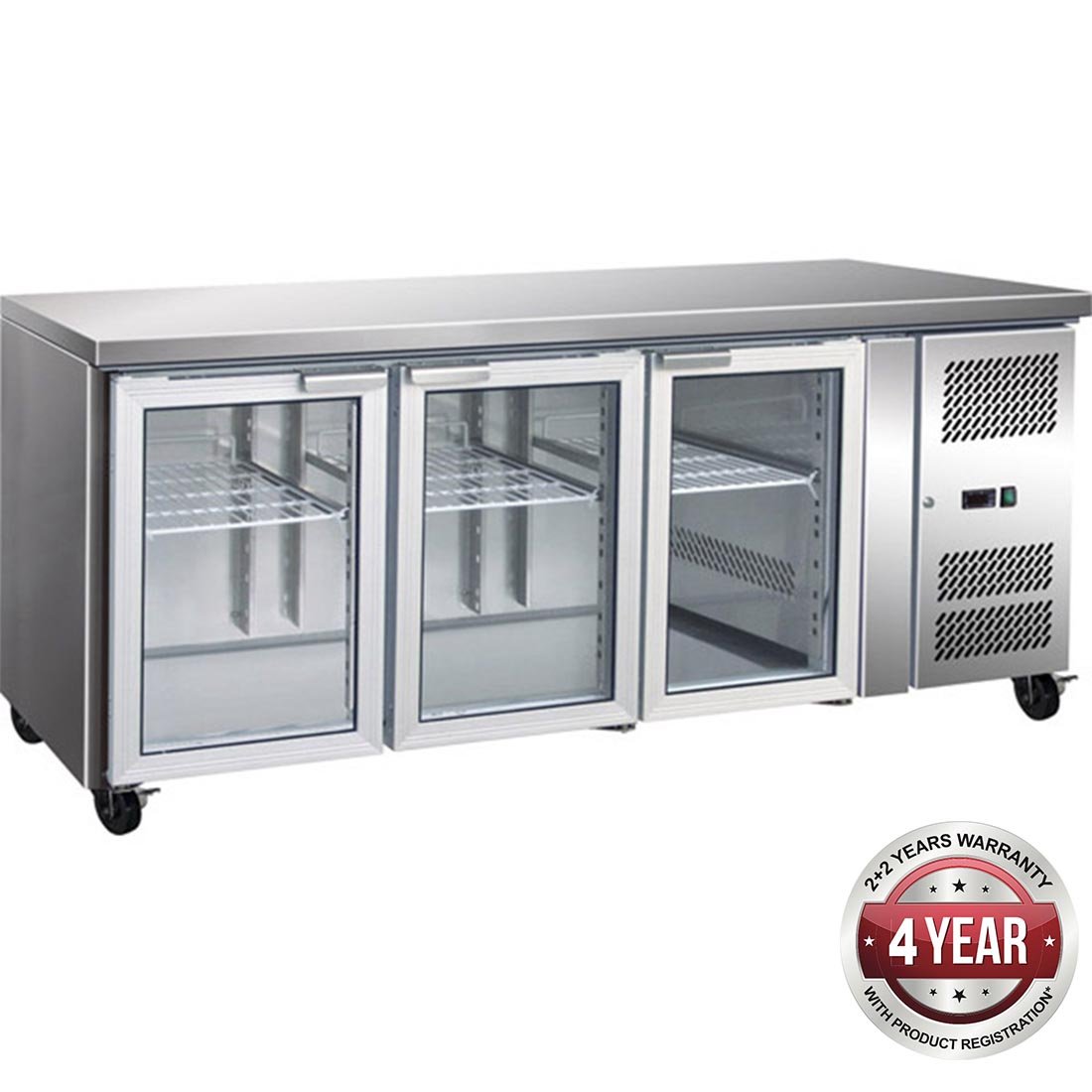 gn3100tng_1 3 Glass Door Gastronorm Bench Fridge